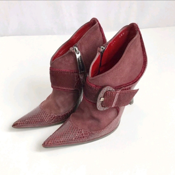Claudio Merazzi Burgundy/Red Leather Point Toe Buckle Booties 35.5/5.5 Italy - Picture 2 of 12
